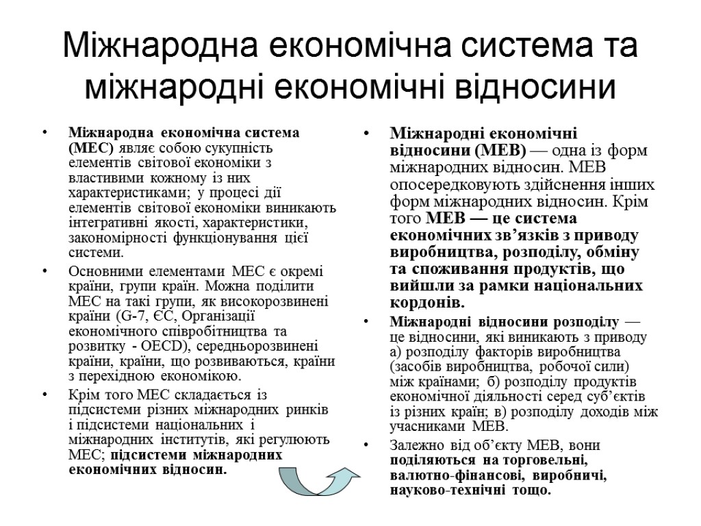 Міжнародна економічна система та міжнародні економічні відносини Міжнародна економічна система (МЕС) являє собою сукупність